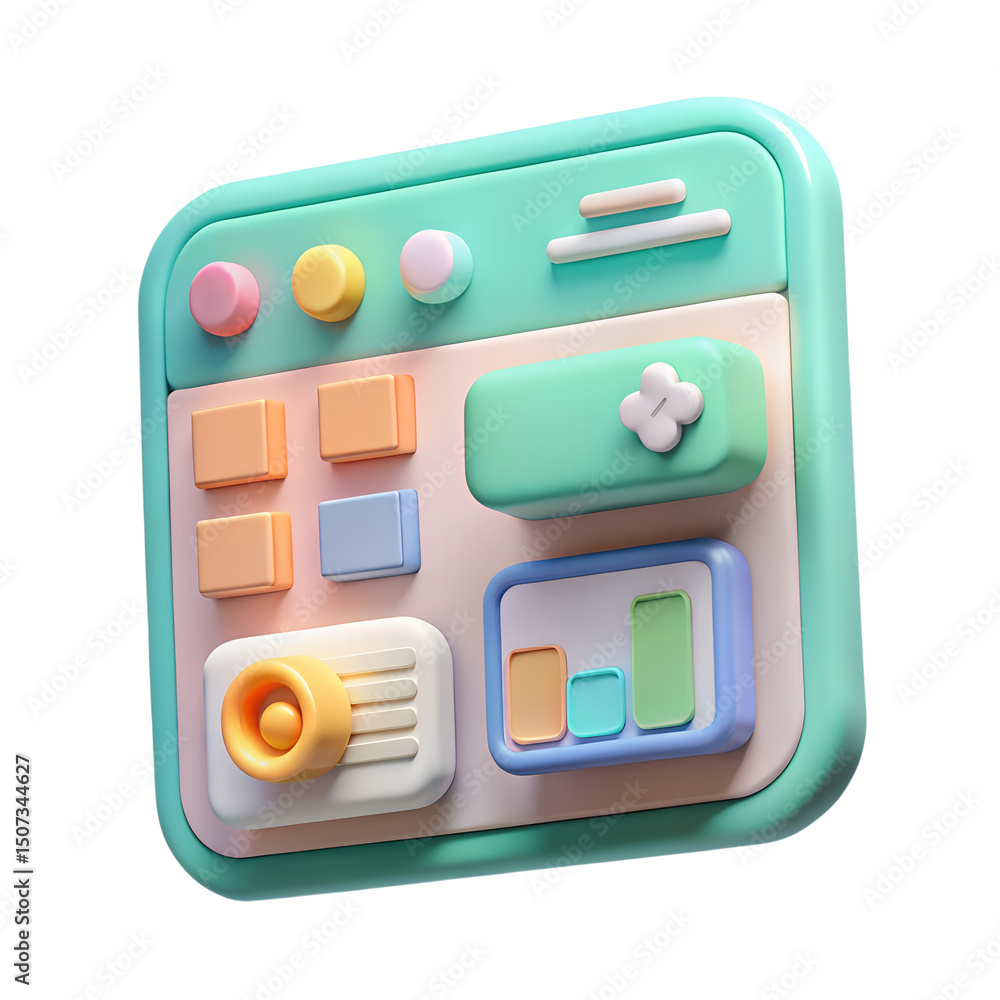 Poster playful and stylized 3d rendering icon of a colorful application user interface with buttons and cha