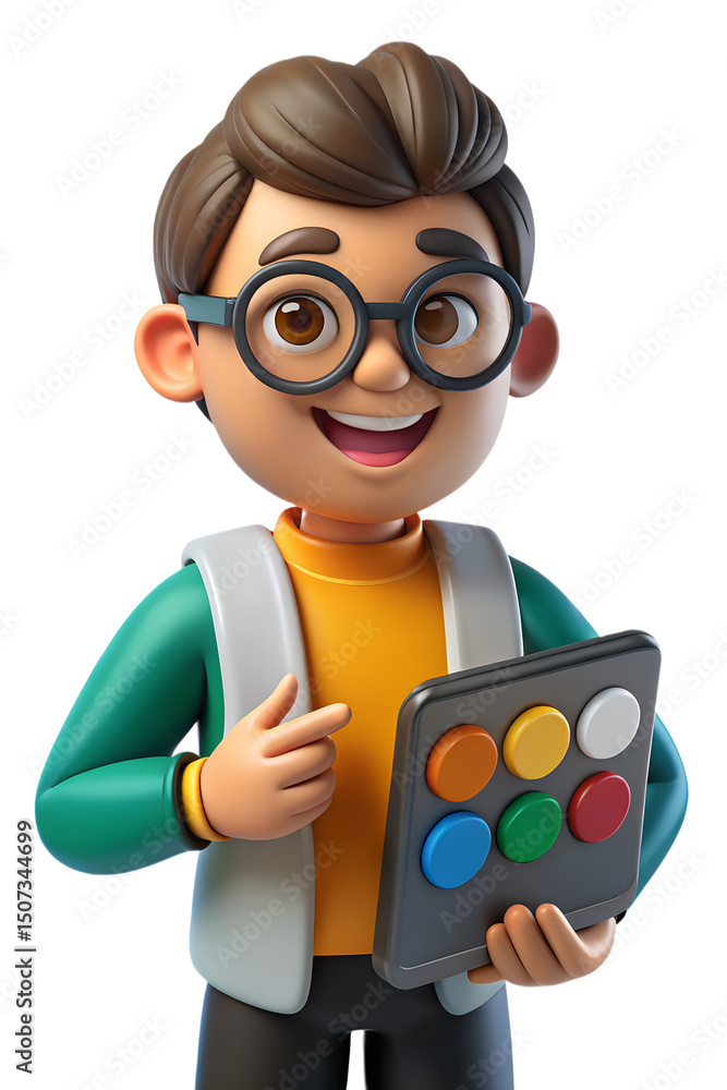 Poster a friendly 3d cartoon character holding a tablet featuring various color-coded icons with transparen