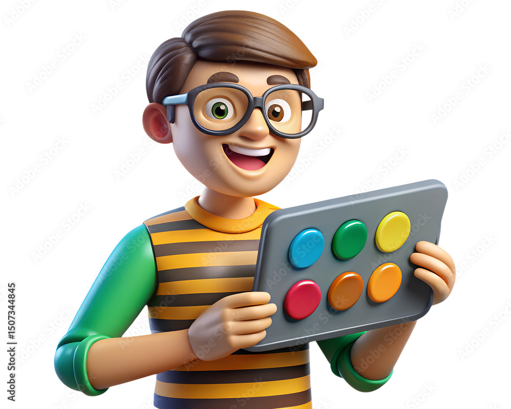 Poster happy cartoon boy holding a colorful palette looking up with a smile showing a 3d rendering icon on 