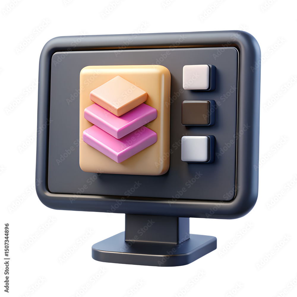 Poster a visually appealing 3d rendering icon of a modern computer monitor displaying color palettes on a t