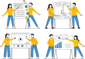 A flat vector scene of creative specialists presenting analytics, planner, content strategy, and multimedia tools on whiteboards