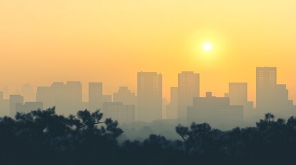 Fototapeta premium Misty Urban Skyline at Sunrise – Atmospheric Cityscape with Skyscrapers and Fog
