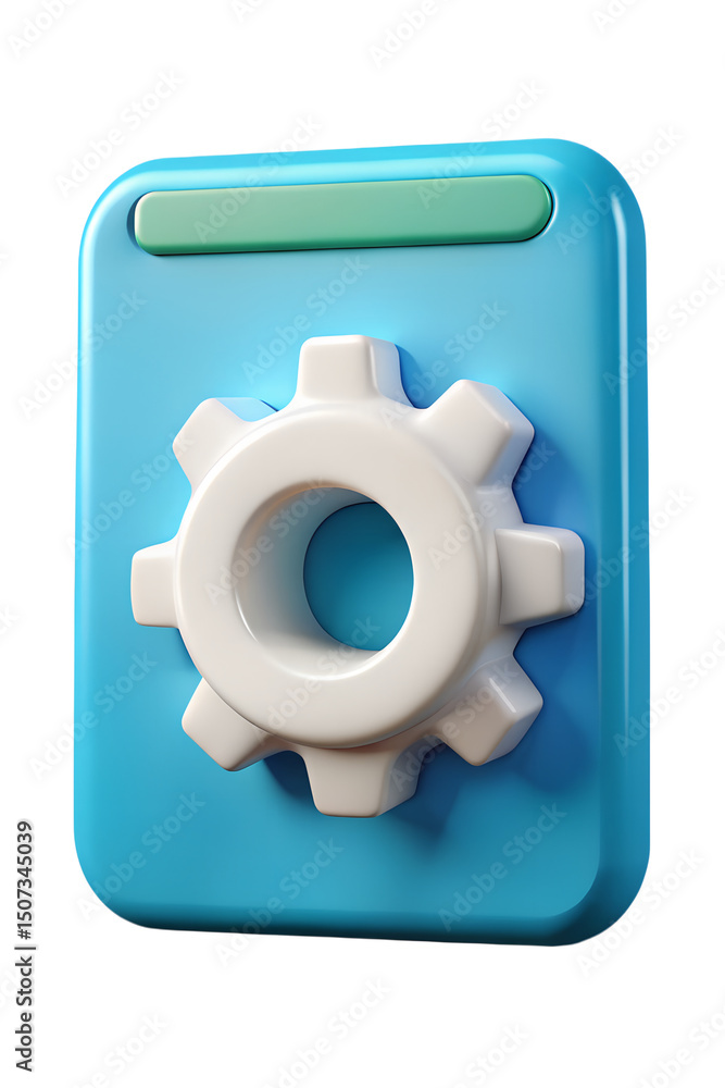Poster modern 3d rendering icon featuring a gear symbol represents settings and configuration on a blue bac