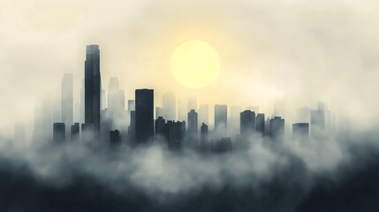 Obraz premium Misty Urban Skyline at Sunrise – Atmospheric Cityscape with Skyscrapers and Fog