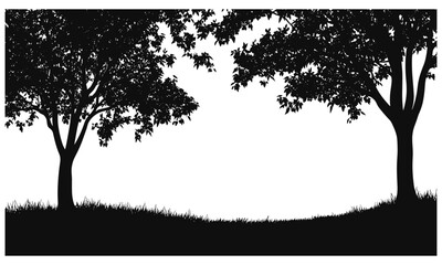 Morning fog forest design with hazy maple silhouettes, fall landscape vector illustration, soft mist nature, peaceful rural trees, engraved woodland, tranquil autumn forest.