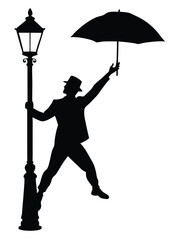 Singing in the rain inspired silhouette of a man dancing with umbrella.