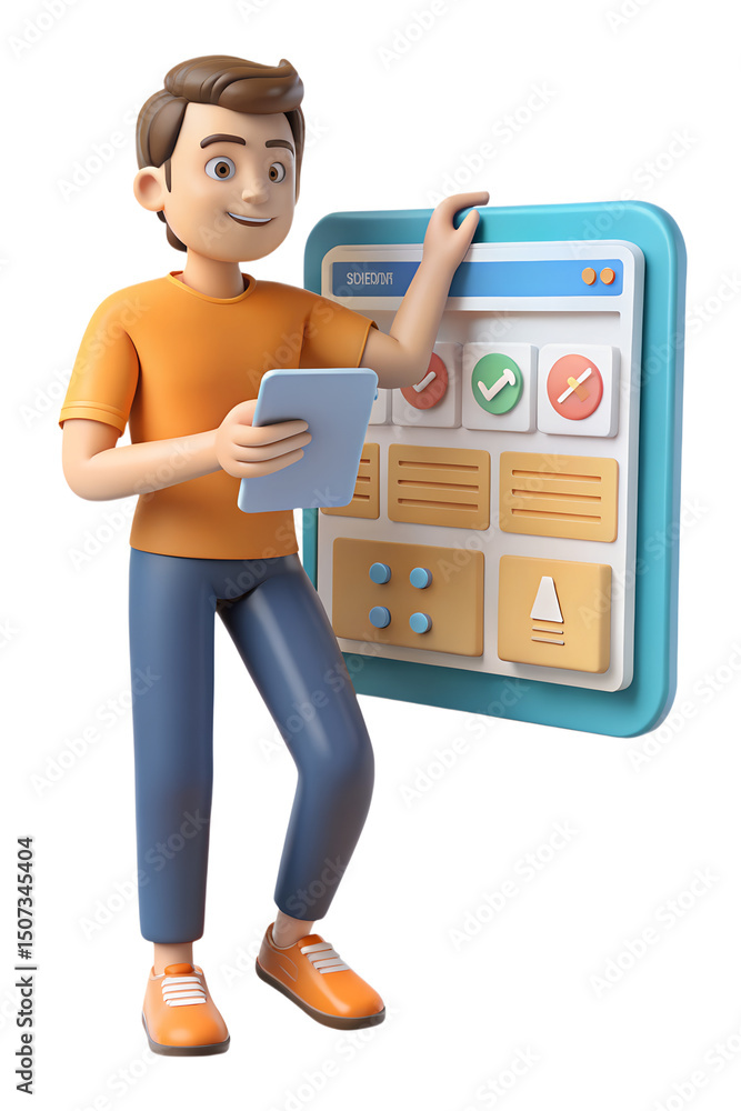 Poster a friendly cartoon character displays an application interface with different icons on a 3d renderin