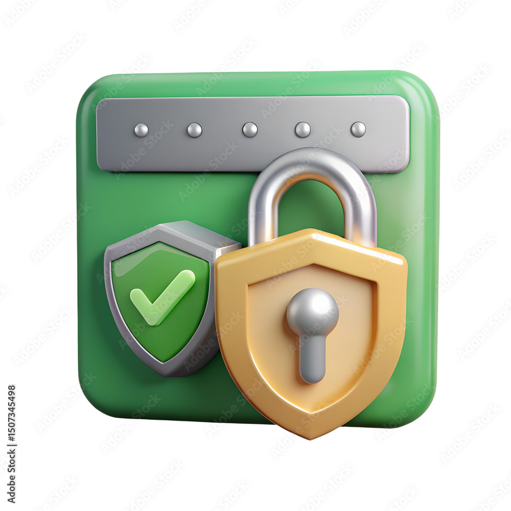 Poster secure online data protection concept with 3d rendering icon featuring padlock and shields represent