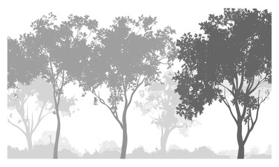 Obraz premium Hazy maple tree silhouettes, morning fog forest design, fall landscape vector illustration, soft mist nature, rural sunrise woodland, peaceful tree art, autumn scenery.