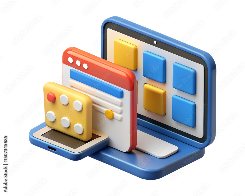 Poster colorful 3d rendering of digital devices displaying icons and interfaces representing technology and