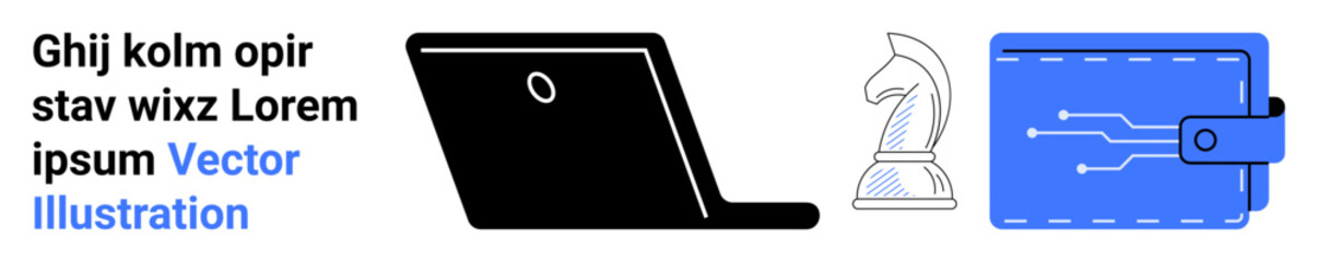 Black laptop, clear chess knight, and blue digital wallet symbolizing technology, strategy, and finance. Ideal for tech growth, financial planning, strategy, innovation digital security business