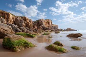 Rocky coastline featuring mossy boulders  cliffs under a blue sky with scattered clouds