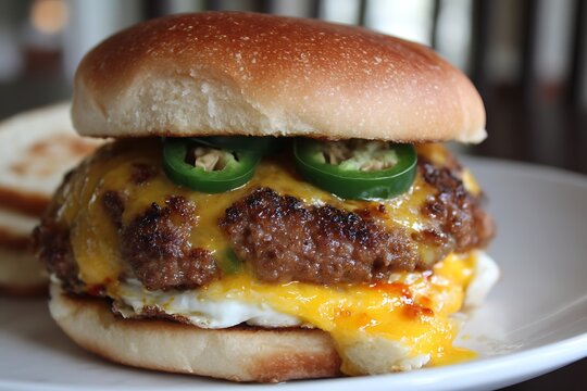 Detailed hamburger photo with jalapeno and tequila toppings  
