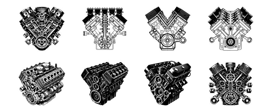 set of v8 engine , automotive motor vector, car performance and mechanical power
