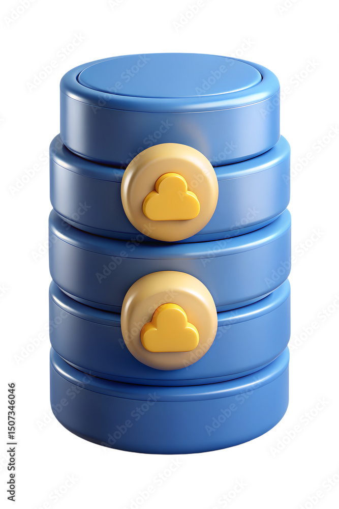 Aufkleber 3d rendered illustration of a blue database server with two cloud icons on a transparent background.