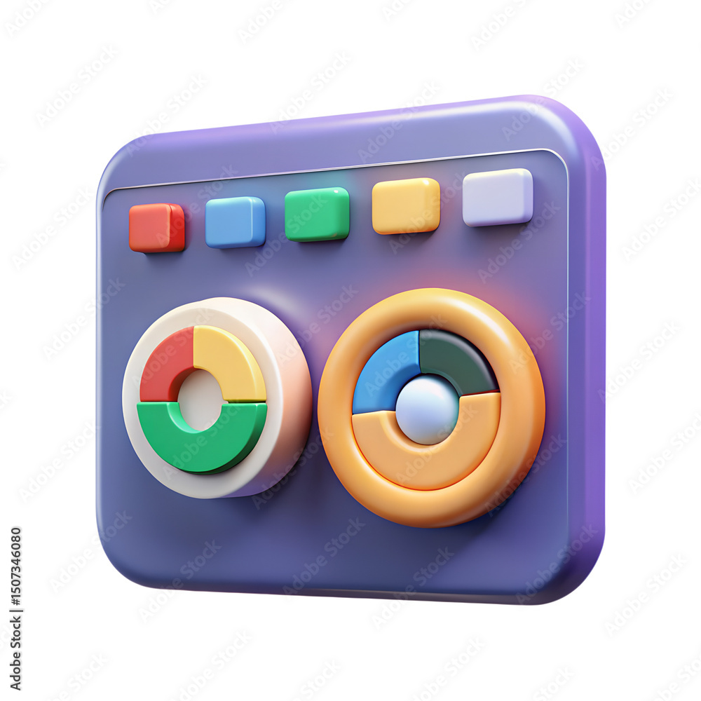 Poster colorful 3d rendered icon showcasing data visualization elements and circular charts on a purple bac