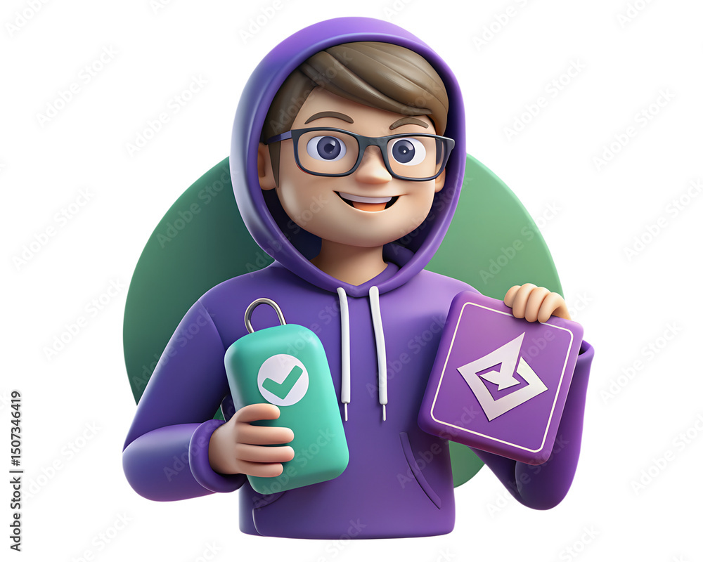 Poster 3d rendering of a smiling character holding checkmark icons representing approval and validation on 