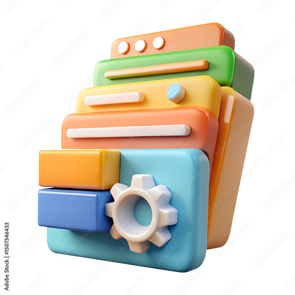 Poster multicolored 3d rendering icon depicting stacked files and gear illustrating concept of settings on 