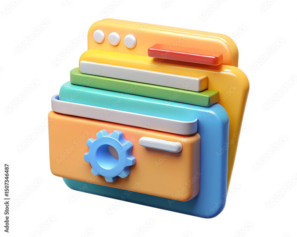 Poster colorful 3d rendering icon depicting a stacked file folder system with a gear element on a transpare