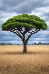 Fototapeta premium Solitary acacia tree in savanna under a cloudy sky