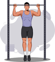 Fototapeta premium Man performing pull up exercise on bar in fitness workout training vector illustration 