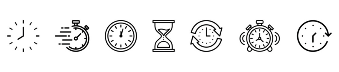 Timers and clock icon set. Included clock, stopwatch, alarm, hourglass, timer, and time management concept. Vector icon collection.