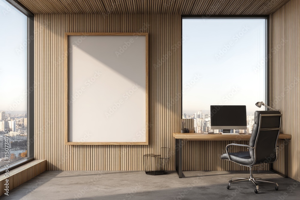 Aufkleber modern office corner with blank vertical frame and computer desk by tall windows, perfect for brandi