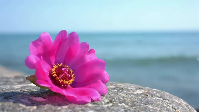 Vibrant pink zinnia flower in sharp focus against a beautifully blurred background of a tranquil blue ocean and sandy beach, evoking a serene summer vacation feeling.