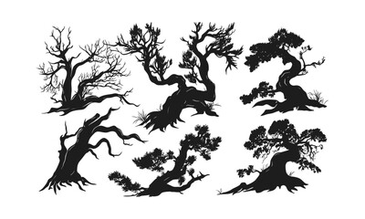 Highland Juniper Tree Silhouettes, twisted branches, rocky forest, alpine forest vector illustration, minimal foliage, dry woodland clipart, natural landscape style, nature scenery, wilderness design.