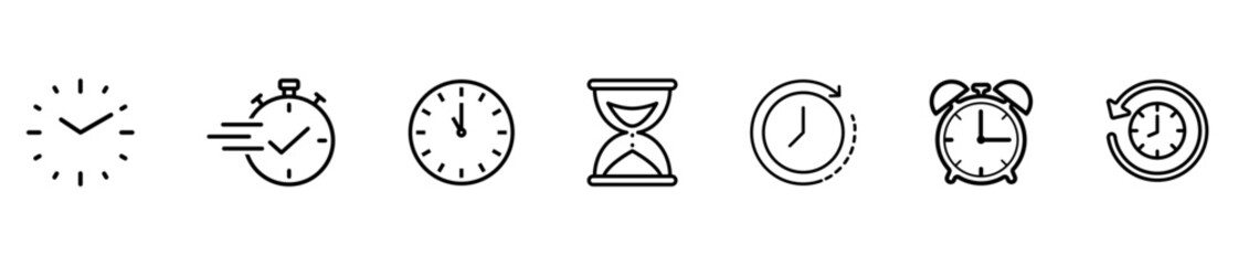 Timers and clock icon set. Included clock, stopwatch, alarm, hourglass, timer, and time management concept. Vector icon collection.