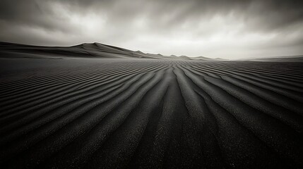 Minimalist sand surface with clean geometric ripple shapes, sharply contrasted by directional lighting