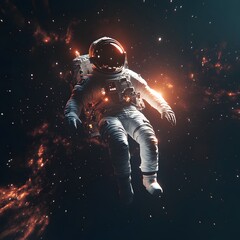 Female astronaut in a futuristic spacesuit exploring a distant planet, with a robot companion and advanced technology