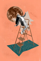 Image zine trend photo collage of happy girl guy stand ladder climb moon planet development aim...