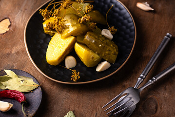 Bowl of pickled marinated cucumbers