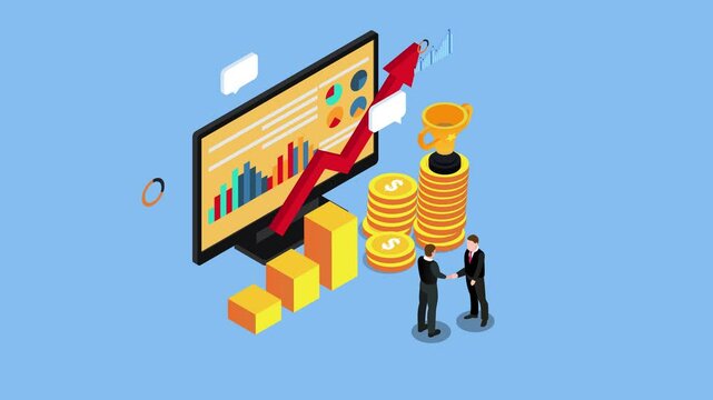 two businessmen shaking hands in front of a computer screen displaying an upward trending graph and a trophy 3d animation cartoon
