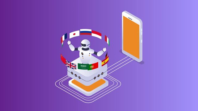 AI-powered language translation technology facilitating global communication through mobile devices 3d animation cartoon
