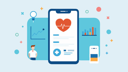 Mobile Health Application A smartphone displaying a health scan app with a graphical overview of vital statistics reminders for followup scans and health tips.