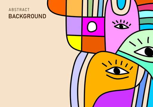 Abstract modern cubism illustration of colorful human faces on beige background.