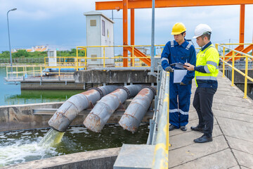 Environmental engineers work at wastewater treatment plants,Water supply engineering working at...