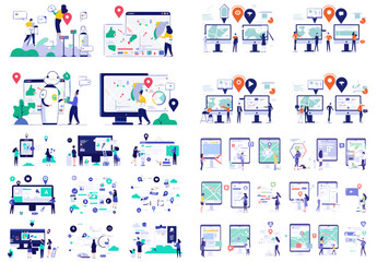 Fototapeta premium Navigating Data: A visual symphony of people interact with information on computer, tablet, and mobile screens. Displaying graphic illustration of tech and location.