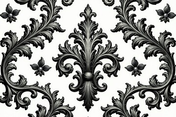 Large-scale damask pattern with scrolling acanthus leaves and ornate details in monochrome, surface, elegant