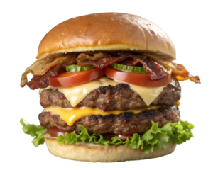 Double cheeseburger with bacon, tomato, and lettuce isolated on transparent background