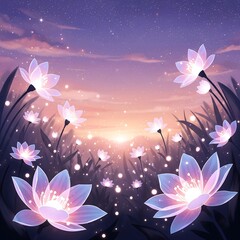 Glowing Lotus Dreamscape: ethereal scene unfolds, where luminous lotus blossom float amidst a dreamy twilight sky, scattering shimmering particles of light in an enchanted landscape.