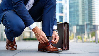 Businessman Tying Shoe Laces Outside Modern Office Building