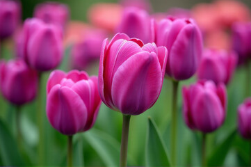 Fototapeta premium A bouquet of bright pink tulips growing in a lush green field, perfect for gardening or spring-themed designs