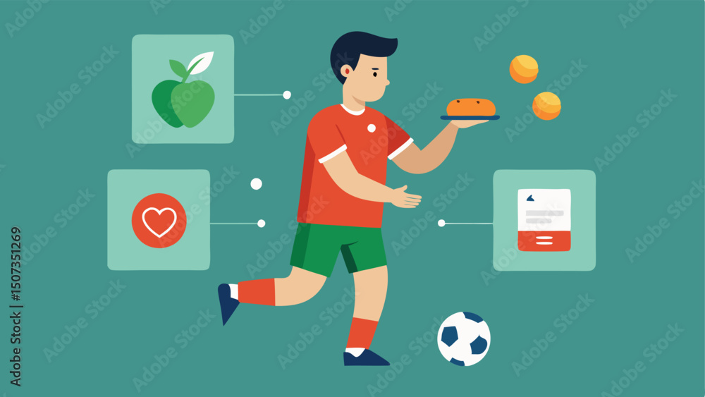 Poster nutrition alignment a soccer player checking a nutrition app which aligns their food intake with bio