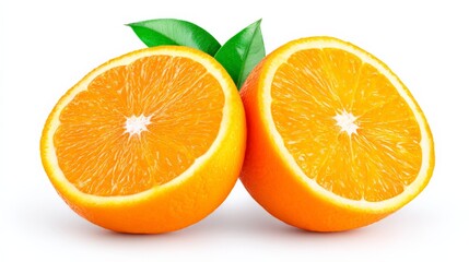Fototapeta premium Fresh orange halves with vibrant color and green leaves on a white background