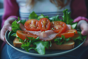 Close-up of a delicious ham and tomato sandwich