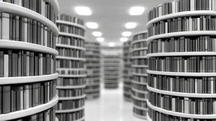 Modern library with curved bookshelves filled with books in a well-lit reading area