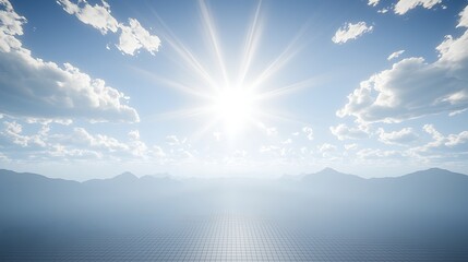 A soft, pale blue sky with fluffy clouds scattered throughout, as gentle sun rays shine through, creating a calming atmosphere.